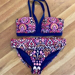 Boden Corsica Ikat Navy Print V-neck Bikini Set US Size 12